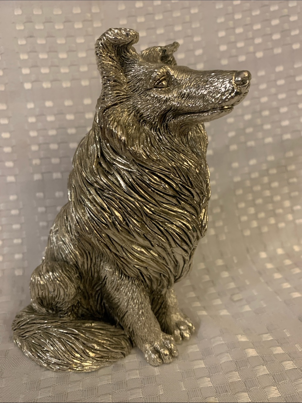 Vintage Neno silver collie figurine, Made in Italy by Creazioni, 6 inches tall.